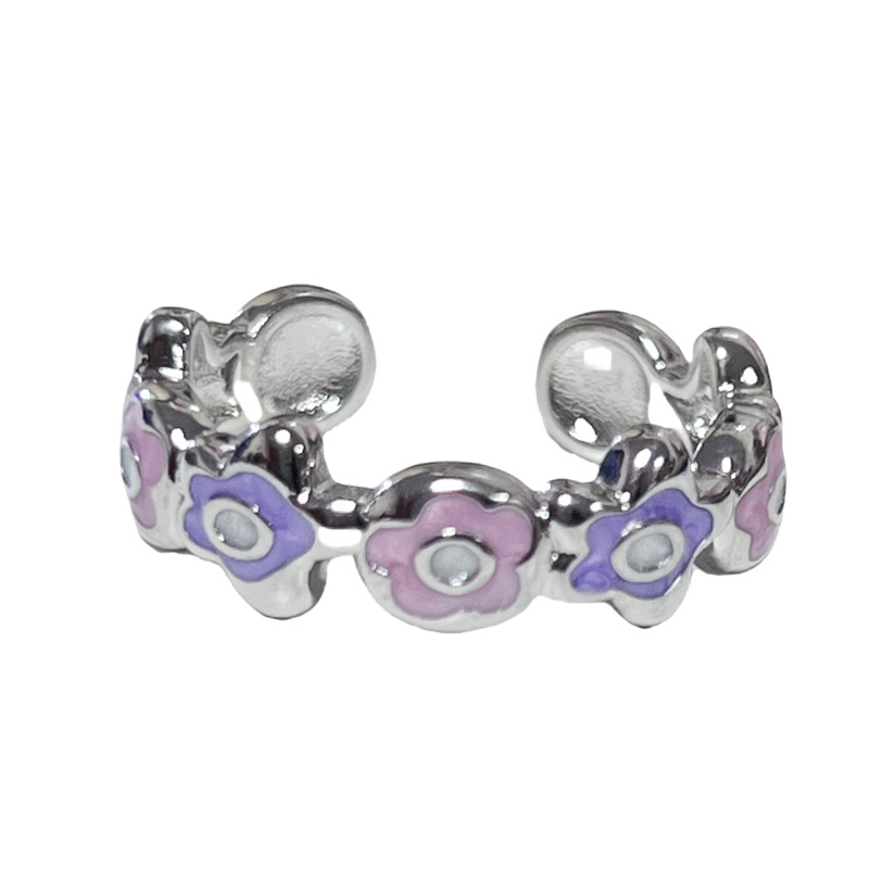 Korean sweet and cool flower pink and purple drip glaze fashionable open ring, a cold and elegant feminine style, a niche, exquisite and versatile ring Item Picture