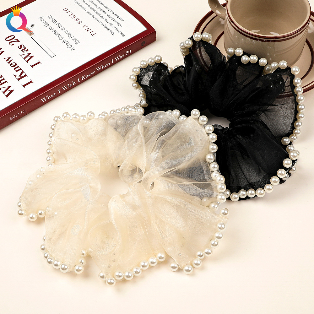 Qiyue Mesh Pearl Large Intestine Hair Band, Small chanel-style hair tie, High ponytail Large Intestine Hair Band wholesale details Picture