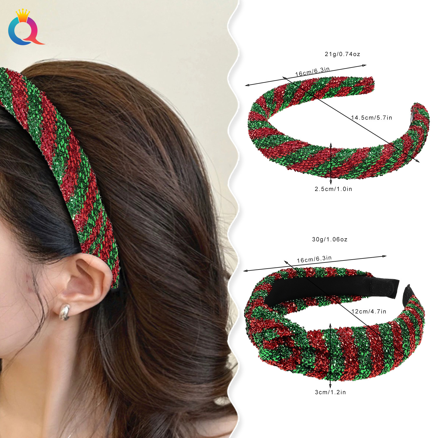 Qiyue European and American Christmas headband, striped checkered ribbon, high skull top, head groin, shiny silk knot headband for women wholesale details Picture