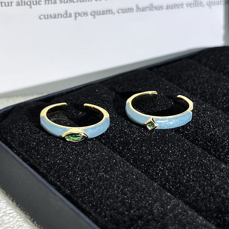 Minimalist blue gilt enamel drop glaze plain ring open ring, women's fair complexion, layering fashionable and individual ring trend Specification drawing