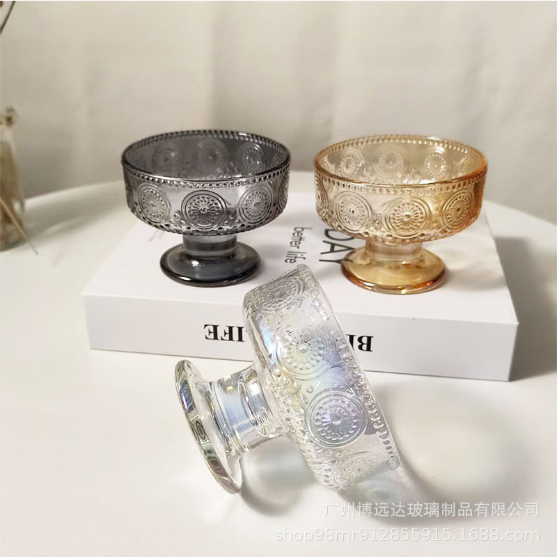 Relief dessert glass bowl, household colorful transparent high-footed bowl, fruit pudding cup, high-appearance-level ice cream cup details Picture
