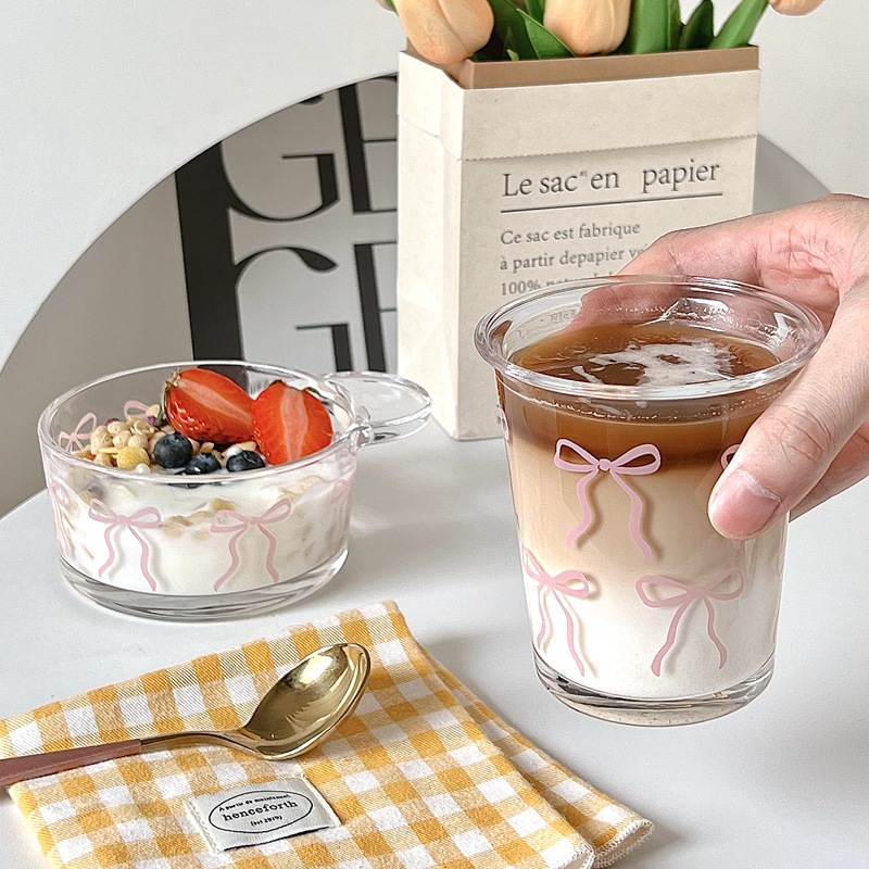Dessert cup, InS-style bow cup and bowl set, glass cup, cold brew cup, girlish salad bowl, fruit dessert bowl full figure