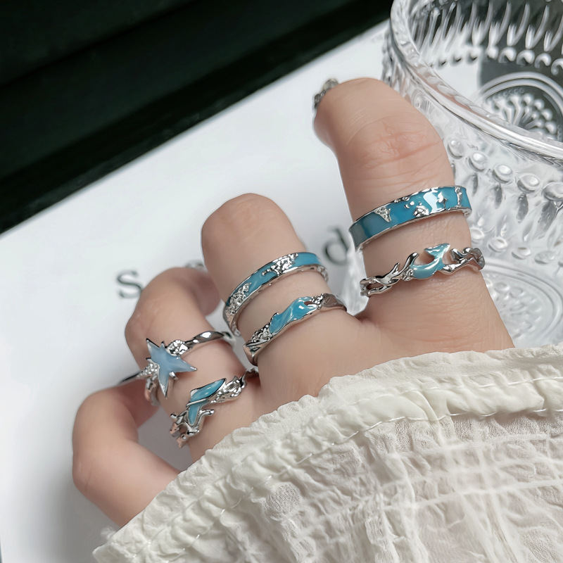 The new blue glazed splash fish tail open ring with an irregular map, simple and niche, layered couple ring trend full figure