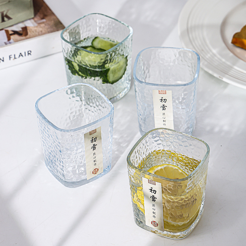 Creative first snow hammer-patterned water cup, thickened transparent office coffee cup, high appearance level glass whisky square wine glass Application Scenario