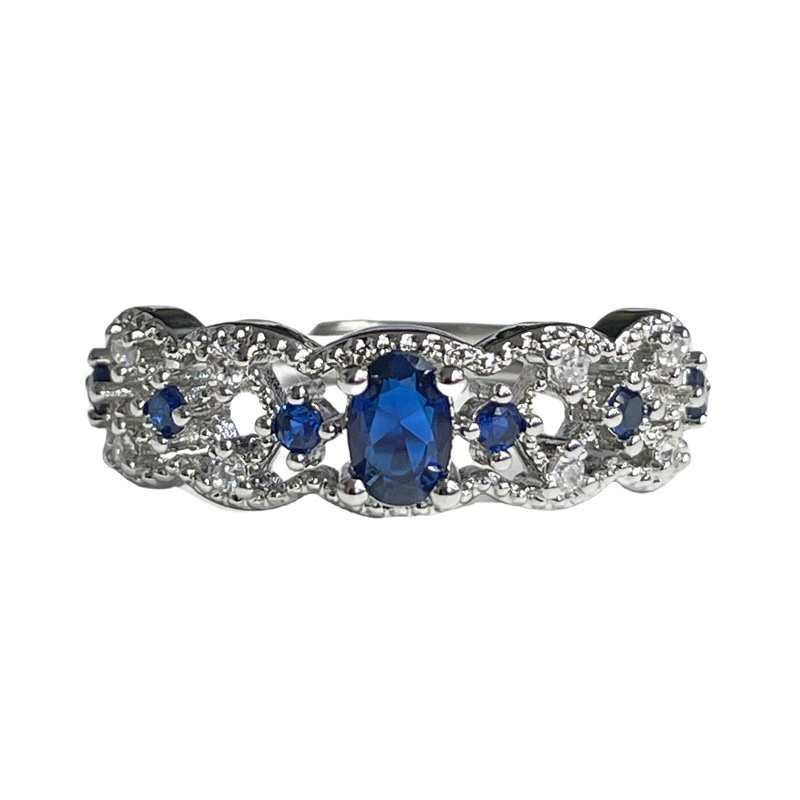 French light luxury blue zircon lace court-style open ring, a high-end women's versatile and elegant cold style ring Item Picture