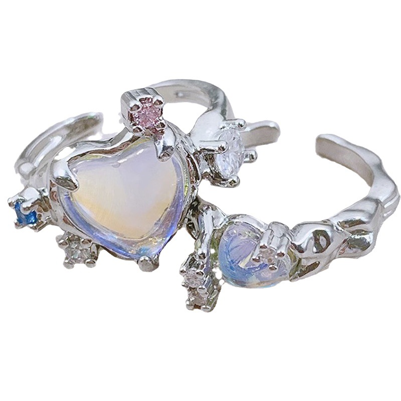 Moonstone heart-shaped ring with an open opening set with colored diamonds, a niche design with a light luxury and high-end feel, zircon ins personalized ring Item Picture