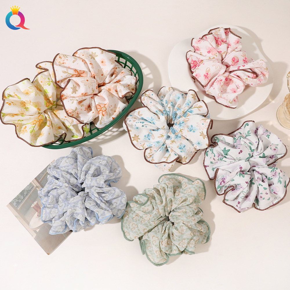 Qiyue Cross-border Floral-patterned Large Intestine Hair Band, Fresh fabric pleated large Intestine Hair Band, all-purpose hair tie, hair accessory wholesale full figure
