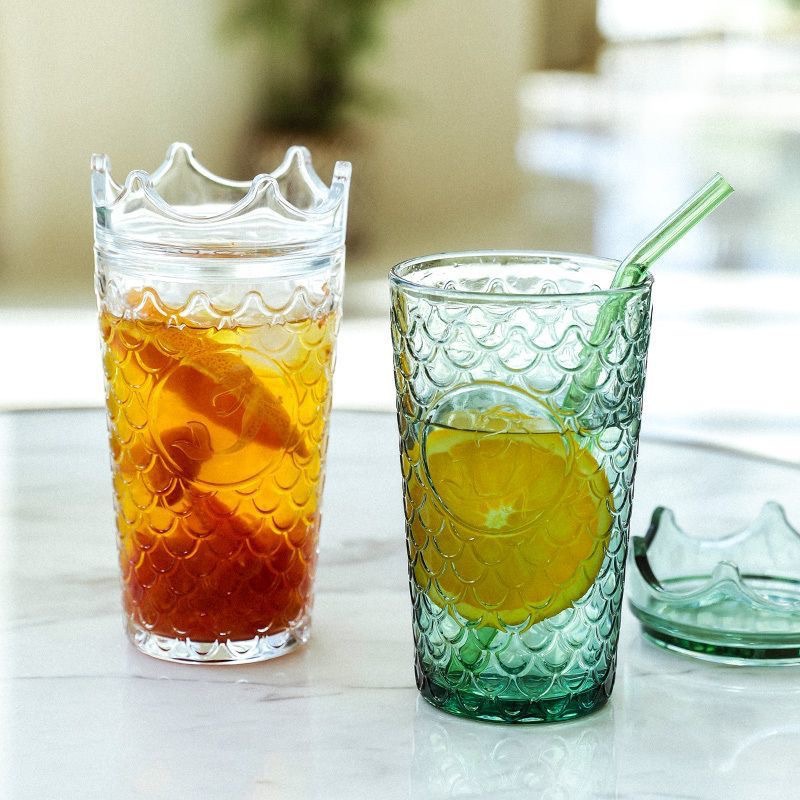 Retro embossed glass cups, water cups, order glass cups, household milk cups with high appearance standards, coffee cups, sunflower cups with LIDS full figure
