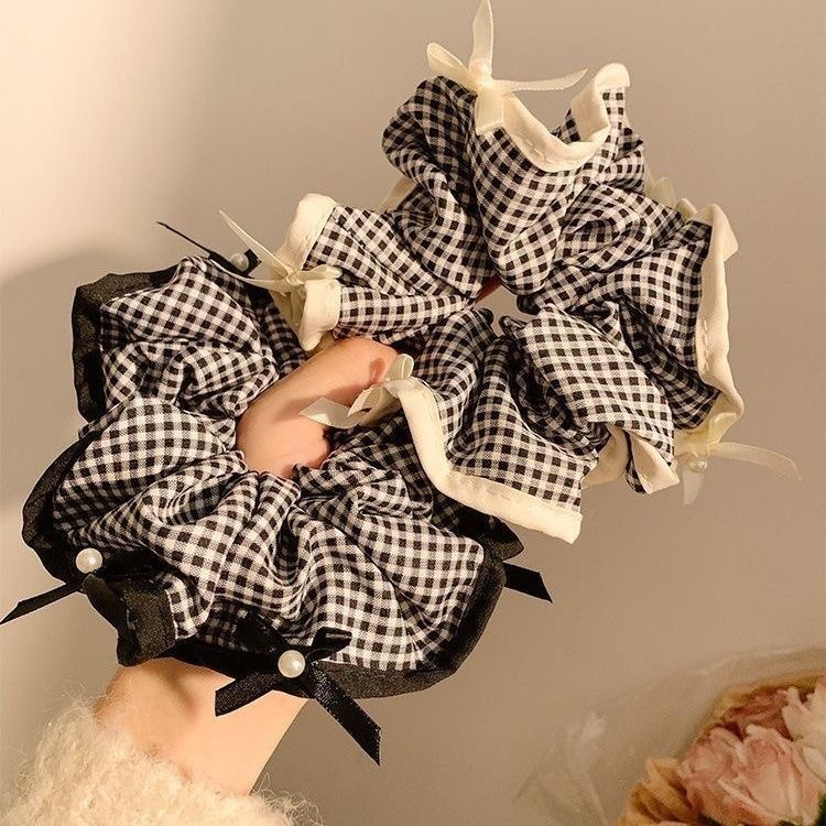 French black checkered pearl bow, large intestine hair band, high-end Korean style for women, ponytail hair tie, hair accessory full figure