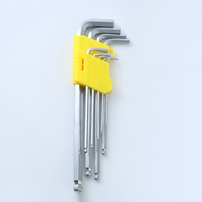 Ball head hex socket wrench set, nickel-plated flat head hex socket wrench, L-shaped manual wrench, hex socket wrench 9-piece set Specification drawing