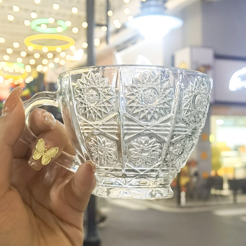 Wholesale new products of Nordic coffee cups, light luxury retro embossed coffee cups and saucers, home latte cups and glass tea cup sets Specification drawing