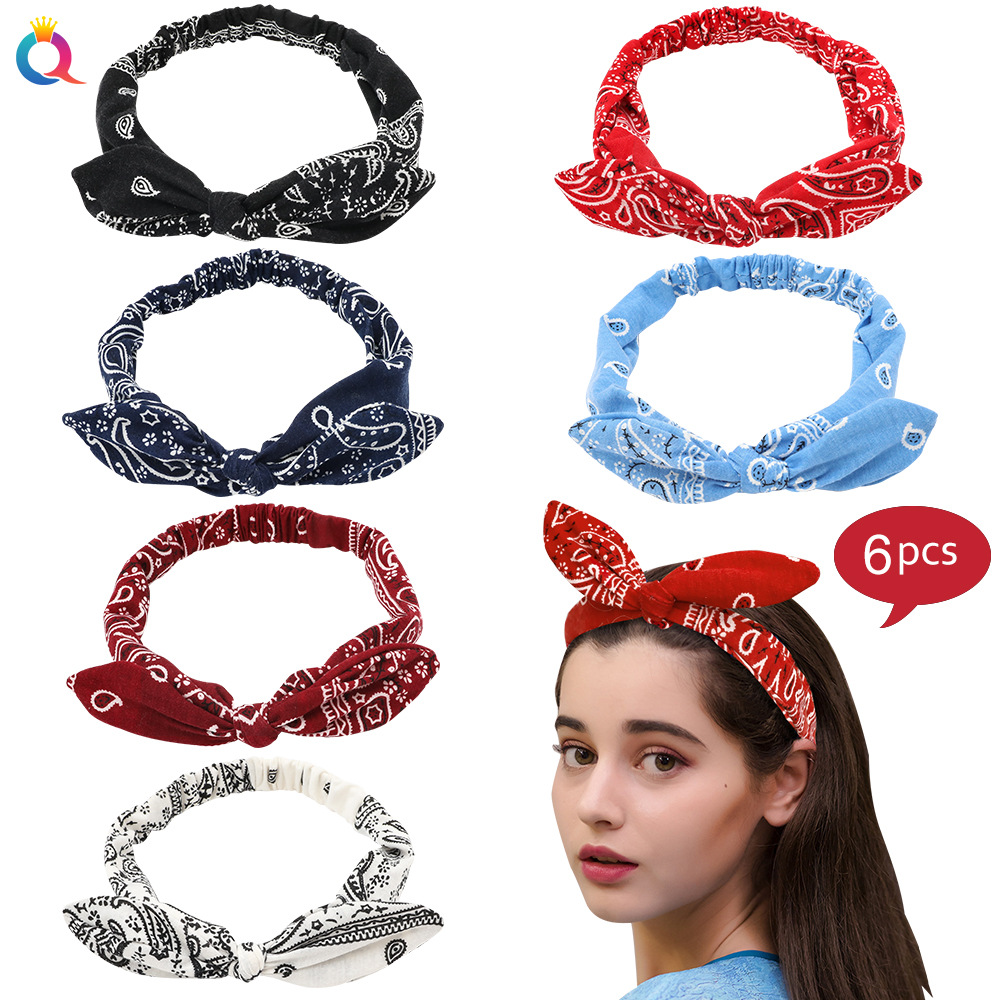 Qiyue's new cross-border rabbit ear knot elastic headband 6-color elastic headband steel wire fixed women's hair accessory details Picture