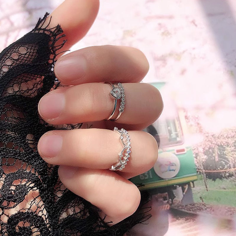 French sweet, cool, simple and small ring, women's crown, heart-shaped zircon tail ring, cold style, light luxury and high-end ring trend details Picture