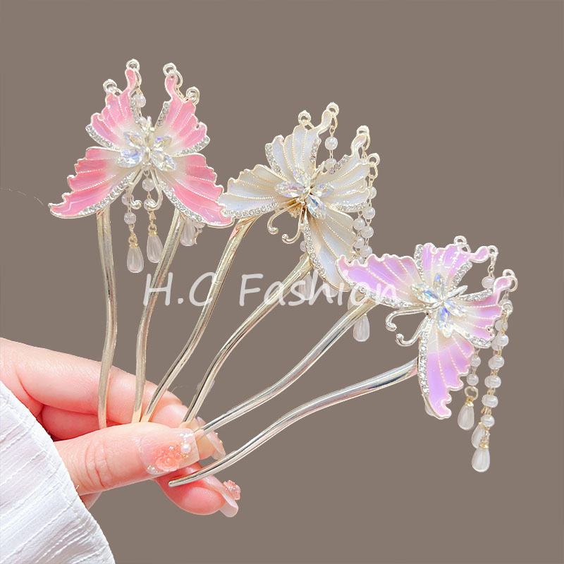 New Chinese-style butterfly pearl hairpin, women's ancient-style tassel elegance, U-shaped coiled hairpin, retro Chinese-style hair accessory and headwear details Picture