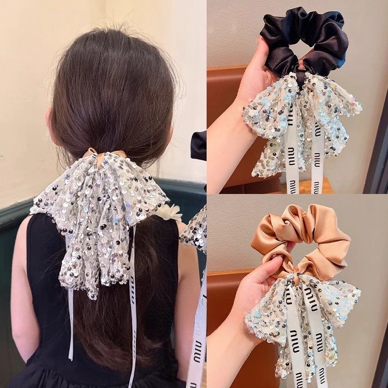 Heavy industry hair accessory ~ Korean-style sequined bow large intestine circle, high-end and fashionable, little girl bun hairstyle, elegant hair circle details Picture