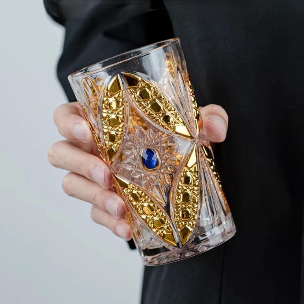 Crystal butterfly cup, high-end lead-free thickened glass cup, embossed water cup, retro cold drink, household golden juice cup details Picture
