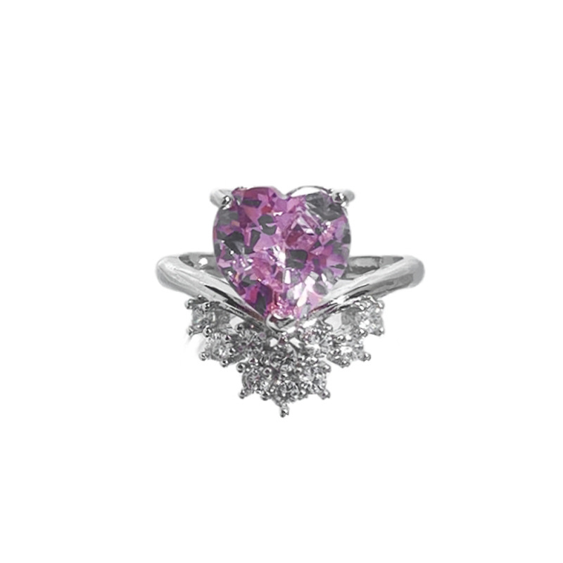 A gentle pink diamond heart-shaped zircon open-top ring with a French niche and light luxury design, a cool and sweet female style ring Item Picture