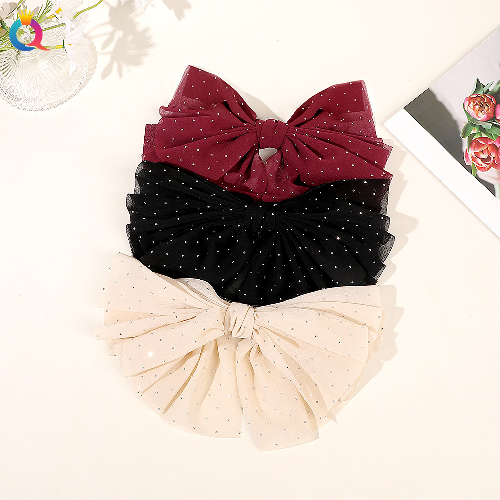 Wholesale of Qiyue extra-large water diamond fabric spring clips, sweet bow hair clips, high-end hair curls, grappling clips and hair accessories full figure