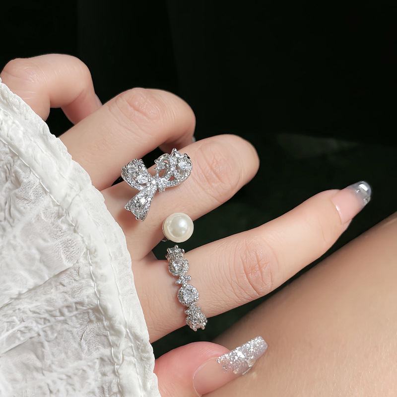 European and American ins niche light luxury diamond-encrusted bow pearl open ring, fashionable, versatile and high-end food ring for women full figure