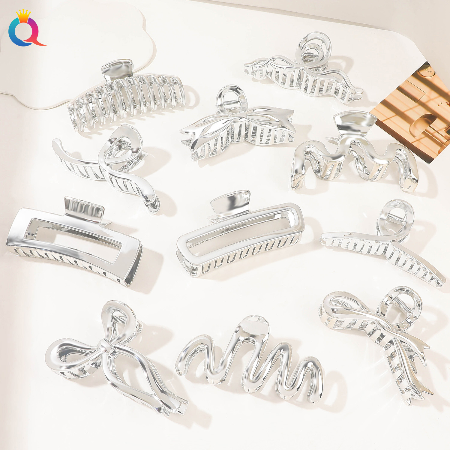 Qiyue Cross-border Imitation metal Grab, silver large hair clip, high-end and light luxury updo, shark clip hair accessory wholesale full figure