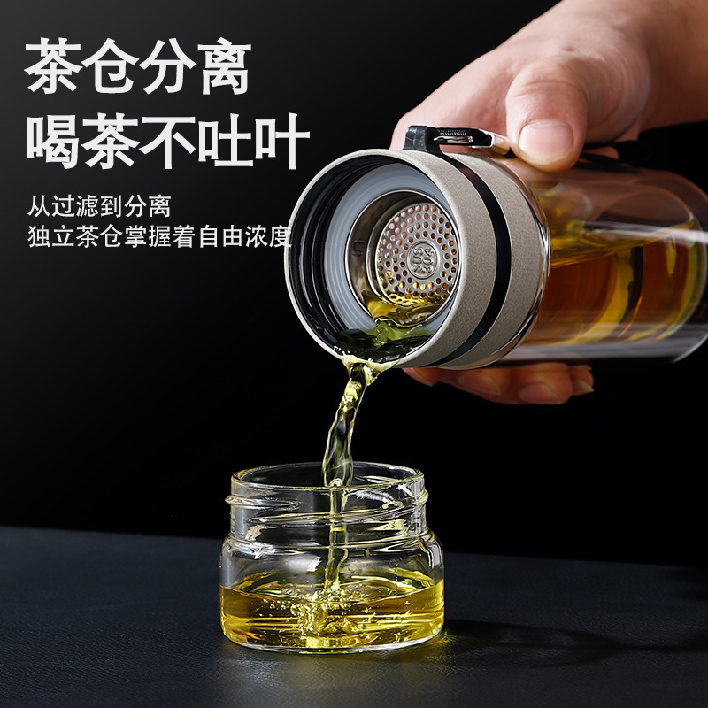 Double-layer tea brewing cup, glass tea water separation cup with handle rope, car-mounted business, high-temperature resistant, portable and waterproof cup details Picture