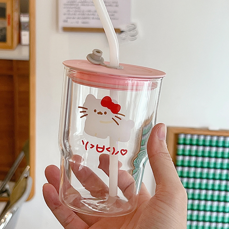 2024 New InS-style glass straw cups, girlish water cups, student drinking cups, glass cups wholesale Specification drawing