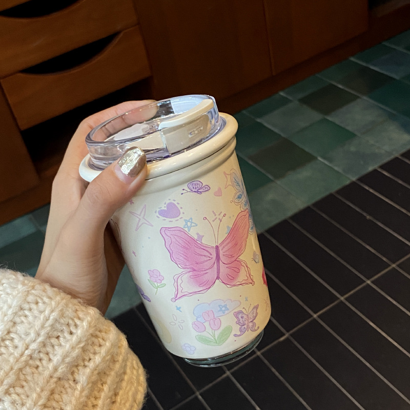 Self-made forest-style butterfly stainless steel straw insulated cup, Dream Garden travel cup, car water cup and coffee cup Application Scenario