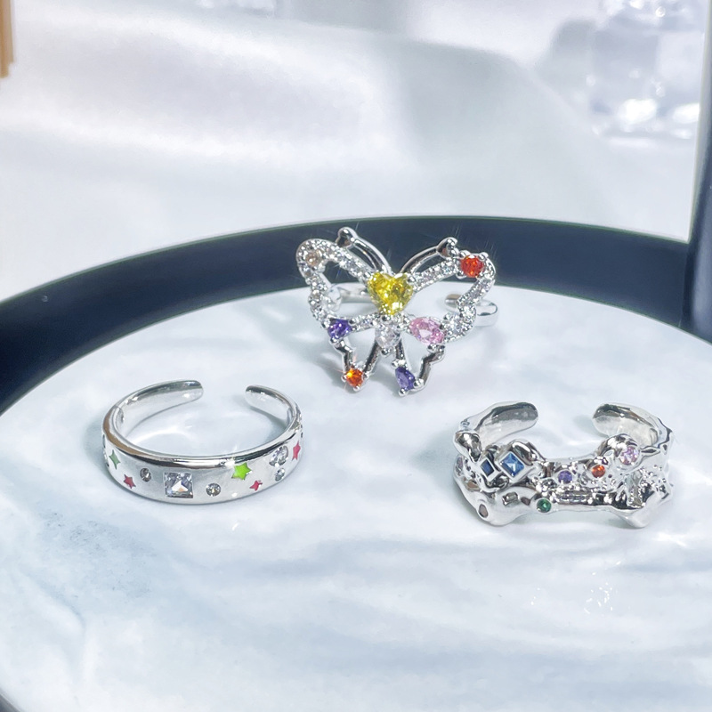 Sweet and cool style niche design colored diamond zircon butterfly opening ring for women on Instagram, cold style light luxury high-end ring full figure