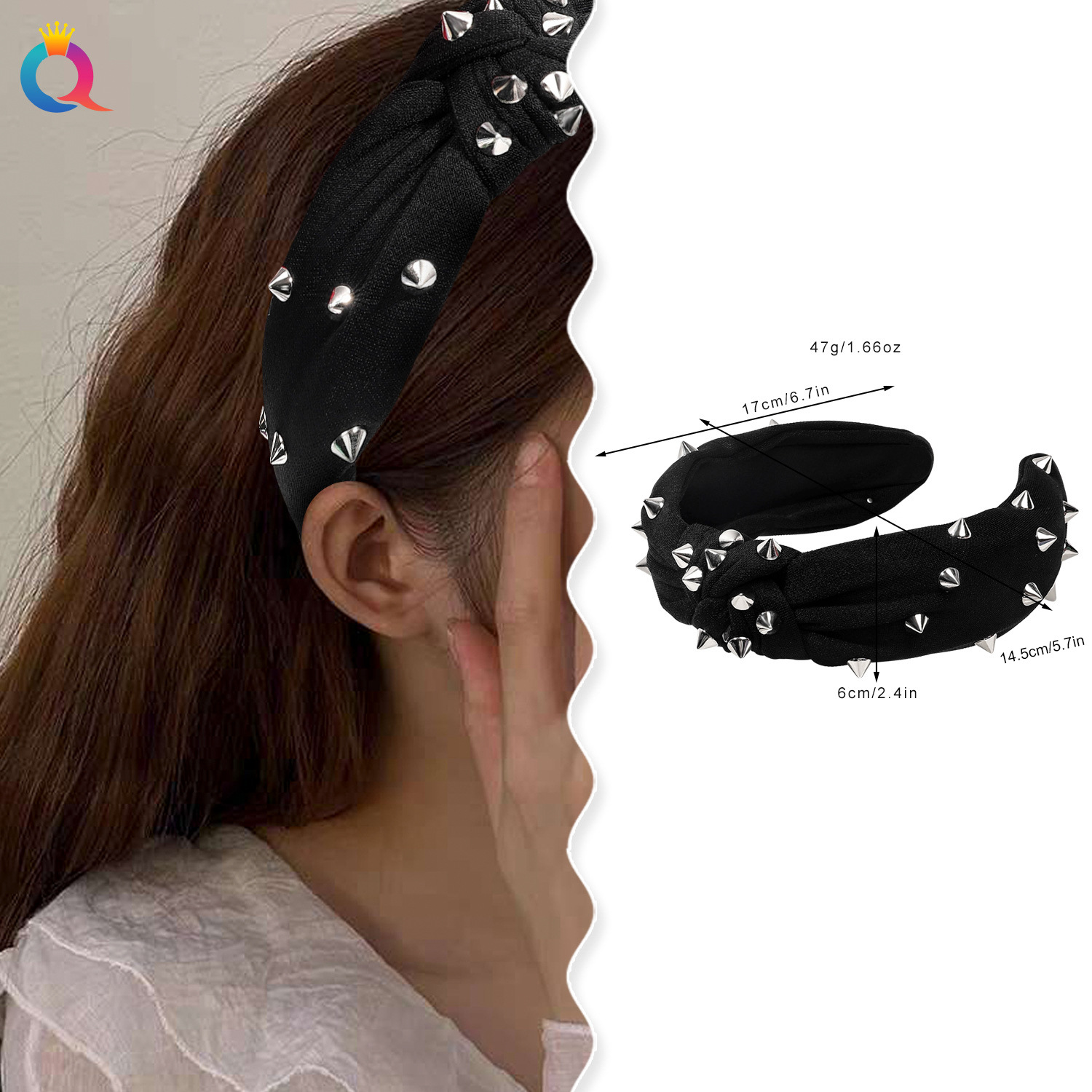 Qiyue European and American hair bands, solid-color fabric knotted headbands, high top rivets, wide edge pressed hair, high-quality hair accessories wholesale details Picture