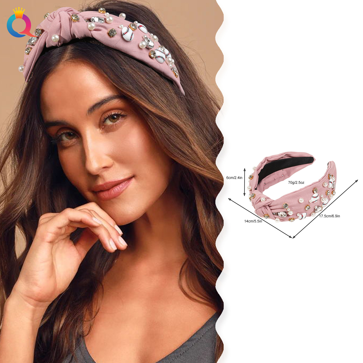Wholesale of Qiyue Amazon Rugby diamond-encrusted and knotted headbands for women's light luxury pearl hair lifting and high head headbands details Picture