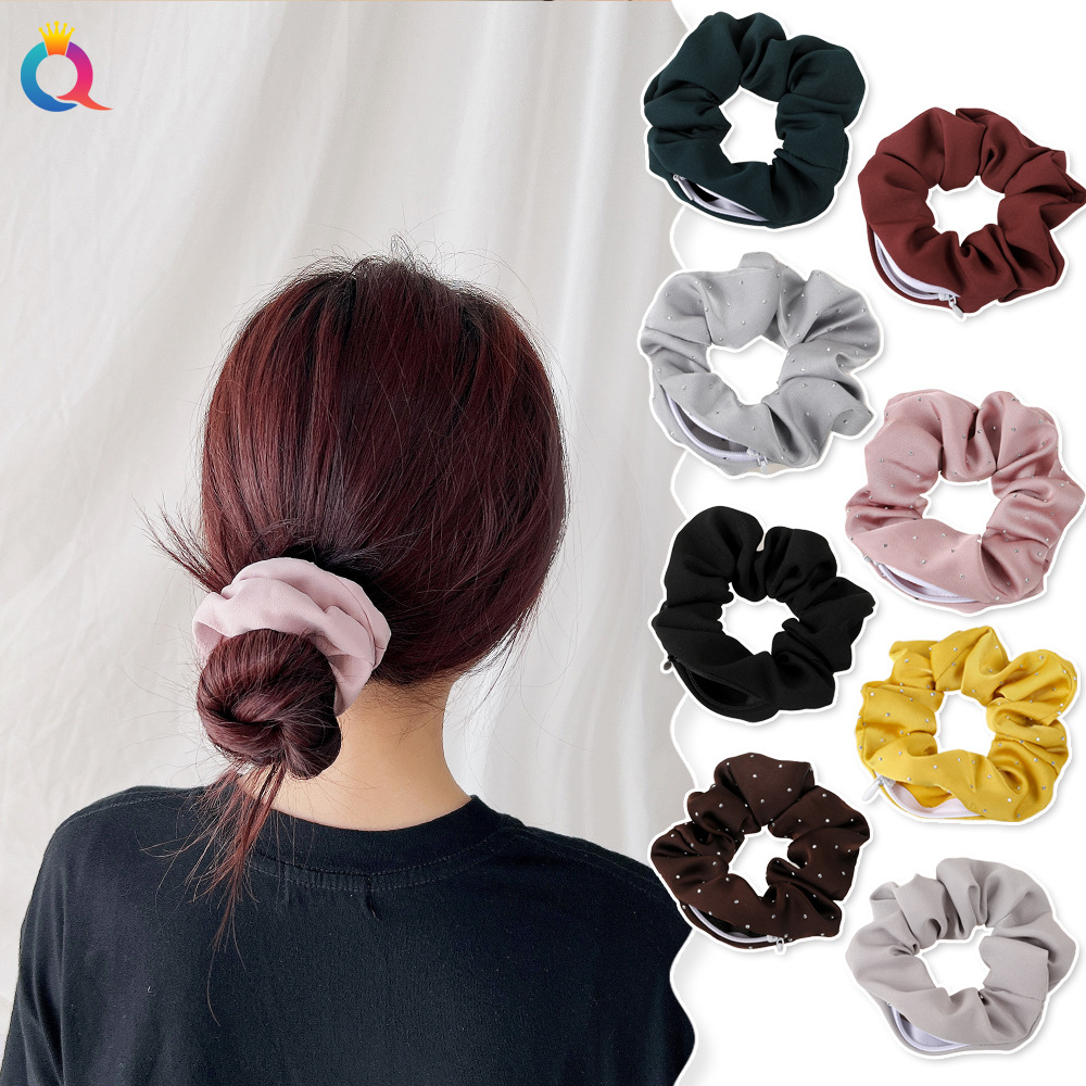 Qiyue solid color velvet silk fabric zipper large intestine hair band, wholesale of cross-border large intestine hair band pocket hair accessories from Europe and America details Picture