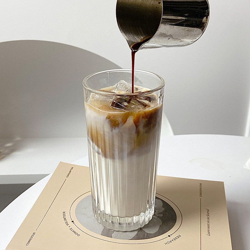 Bolimei vertical patterned glass cup, ins style coffee shop American latte iced coffee cup, cold brew Mocha cup details Picture