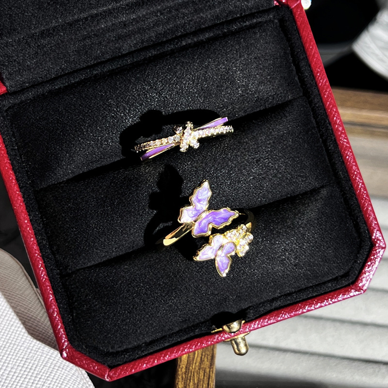 A new summer forest-themed purple enamel butterfly sweet and cool ring for women on Instagram, with a cold and elegant style and a high-end feel details Picture
