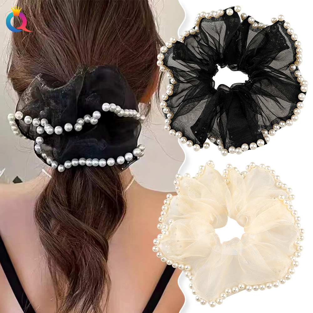 Qiyue Mesh Pearl Large Intestine Hair Band, Small chanel-style hair tie, High ponytail Large Intestine Hair Band wholesale full figure