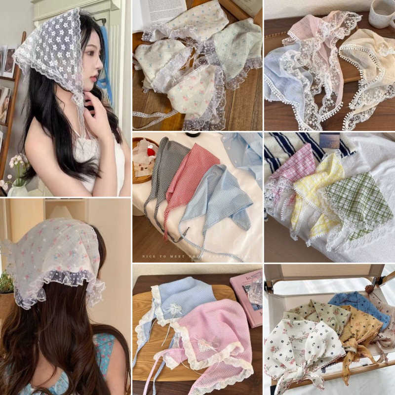 The new 2025 pastoral style hair accessories are sweet and elegant. The best-selling lace triangular scarf hair band and retro checkered ribbon hair band full figure