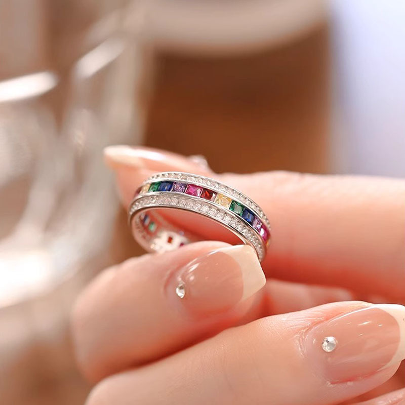 Sweet and cool rainbow zircon open ring for women, a light luxury and niche design, a high-end ins cold style fashionable and individual ring full figure