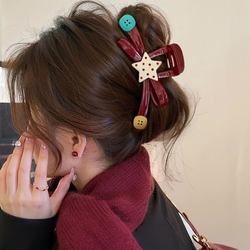 Ankara red bow star-shaped hairpin for the back of the head with a large amount of hair, shark hairpin new Spring and summer niche fashion hair accessory Specification drawing