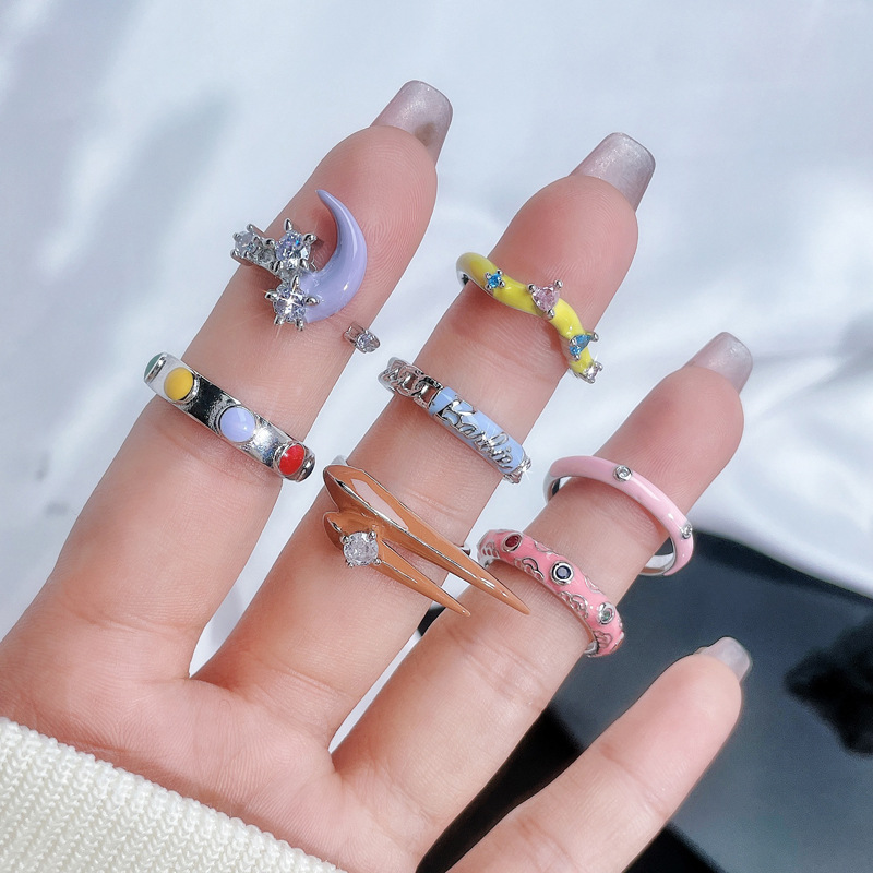 Sweet and cool dopamine-infused, colorful glazed open ring, a niche, cold and fashionable, spicy girl personality ring Specification drawing