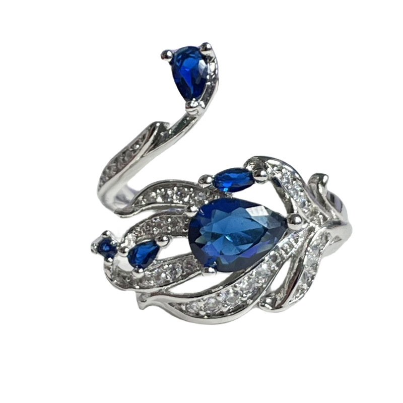 European and American cross-border Cupid Feather Blue Zircon fashion Open ring, a high-end ring accessory with a heart shape and elegant temperament for women Item Picture