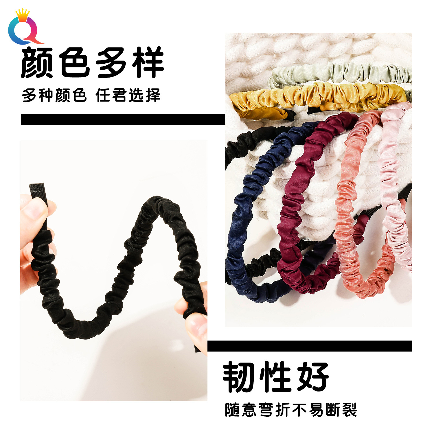 Qiyue Cross-border Large Intestine Hair Band, Forest-style pleated headband, Face-washing hair hole Hairpin, Elegant Hair accessory, High Women's Head Top Hair Bundle Specification drawing