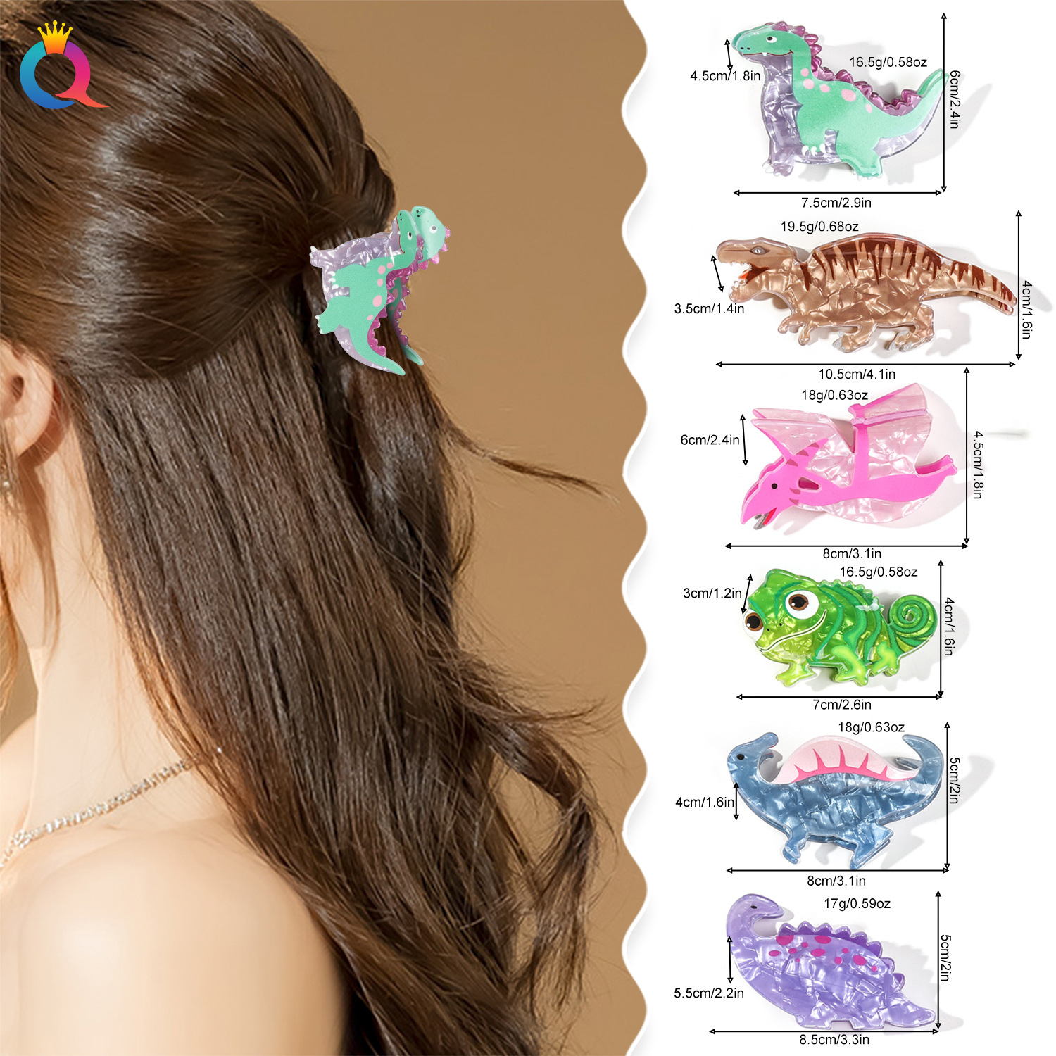 Qiyue Cross-border Acrylic cartoon dinosaur hair clips, cute updo hair grabbers, high-end shark clips, hair accessories wholesale details Picture