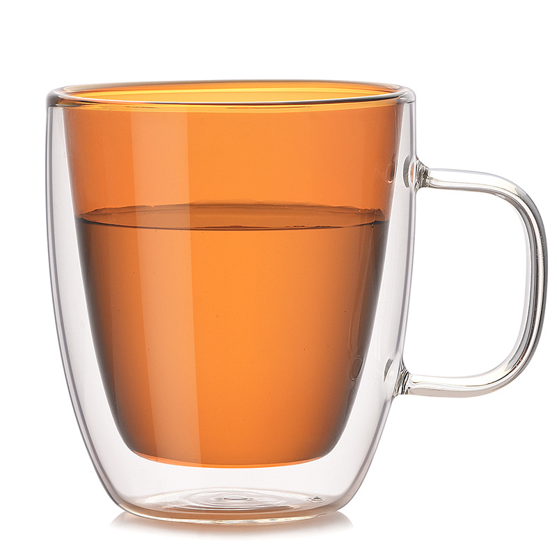 Wholesale cups with handles, creative colored water cups, high borosilicate glass double-layer coffee cups, and simple household mugs Item Picture