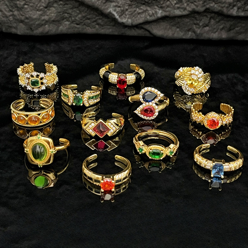 Italian mid-style cross-border light luxury retro colored gemstone zircon ring, women's European and American high-end style adjustable food ring Specification drawing