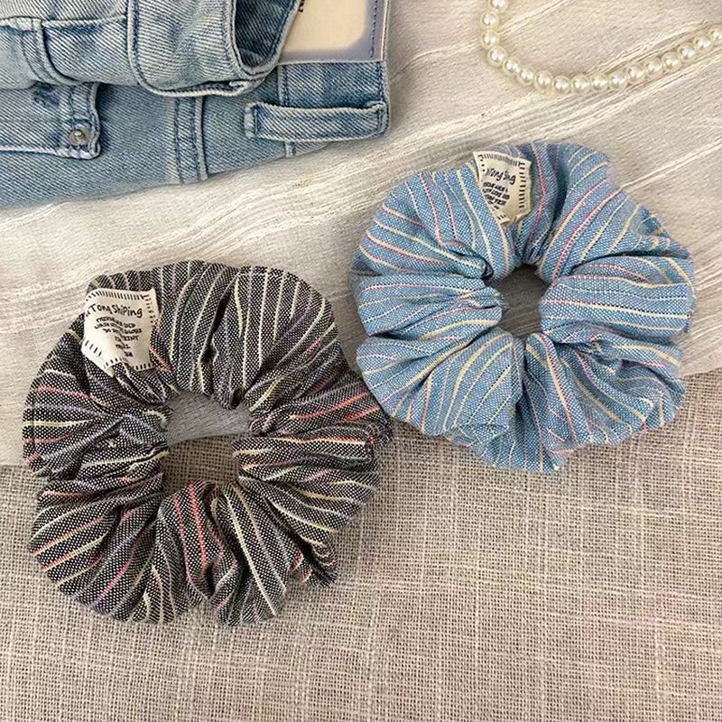 New cotton and linen fabric striped large intestine hair band, girls' bun hair tie, wide-edge large intestine band, simple fabric label headpiece details Picture
