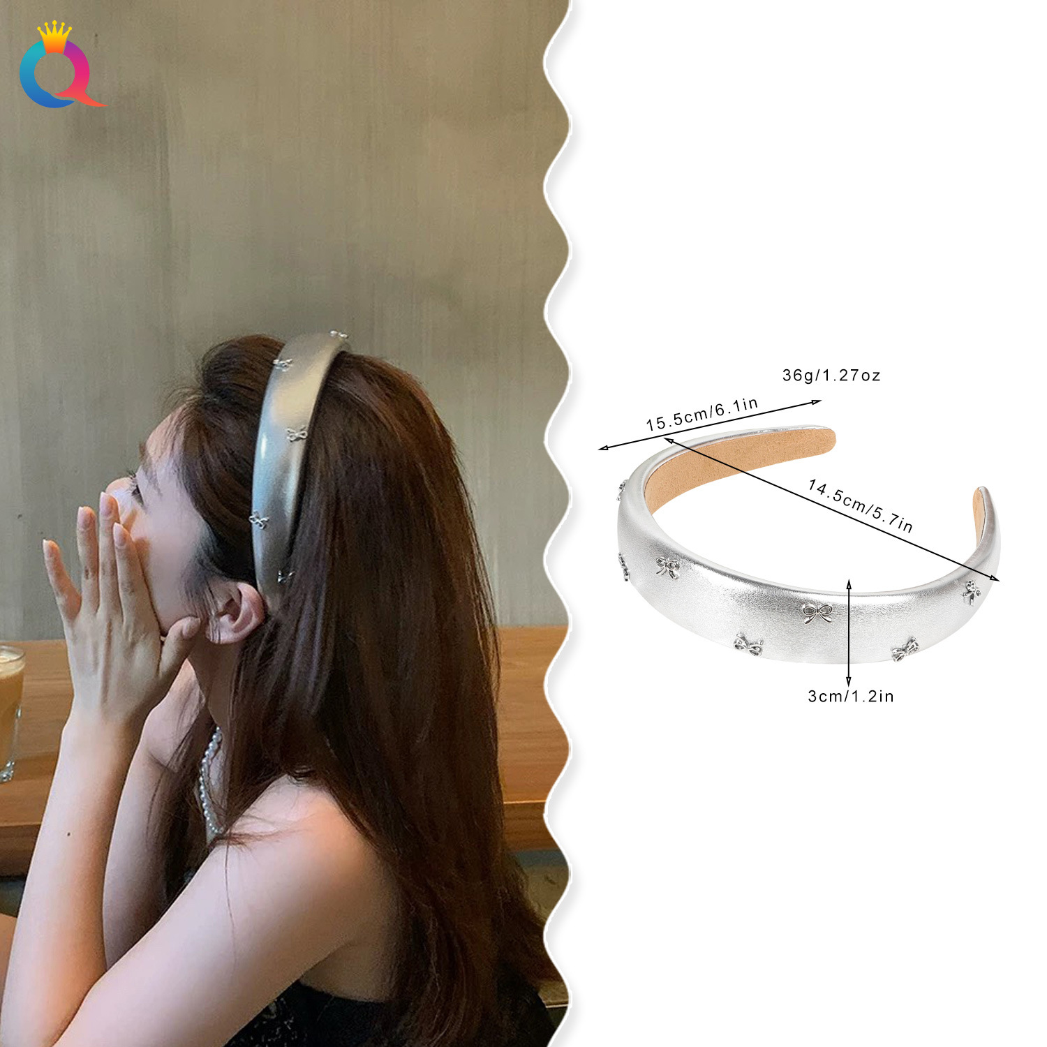 Wholesale of Qiyue silver PU sponge hair band, high-end leather facial wash hair socket, simple high head top women's headband hair accessory details Picture