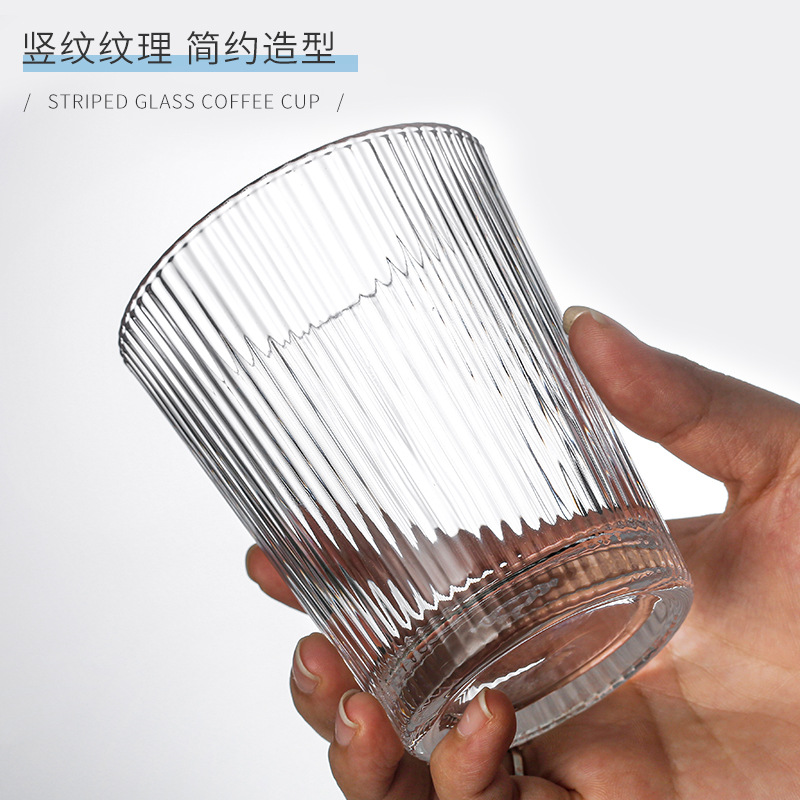 Simple vertical striped glass water cup, Japanese fine striped glass cup, home juice cup, beverage breakfast milk cup Application Scenario