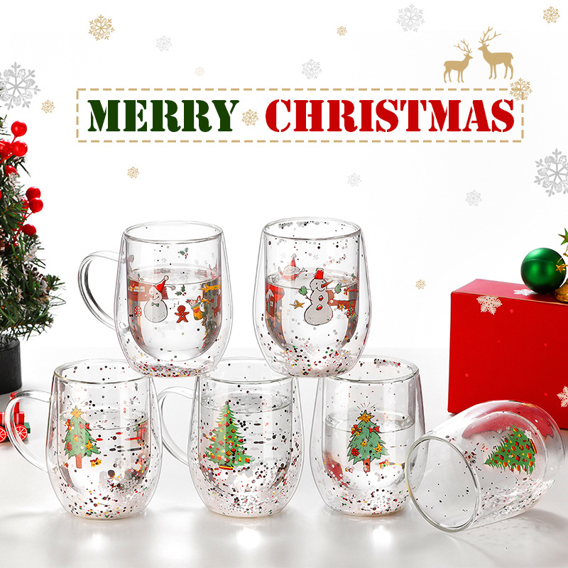 New high borosilicate double-layer insulated glass cup with Christmas cartoon pattern and sequined water cup, high-temperature resistant gift customization full figure