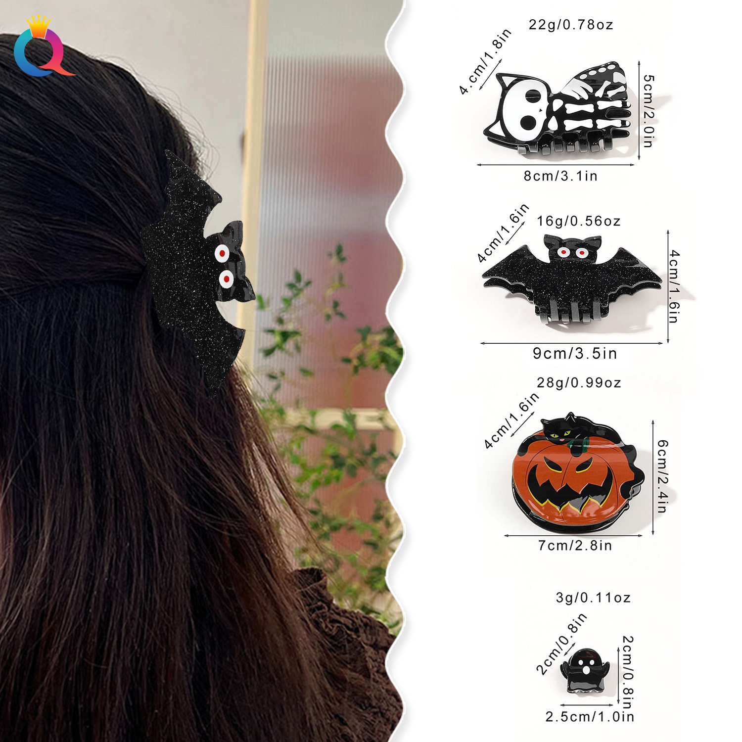 Qiyue Cross-border Halloween Bat Skull Hair Clip, Coiled Hair Ghost Grab Clip, Acrylic Shark Clip Hair Accessory Wholesale details Picture