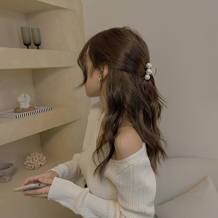 Korean small-sized pearl hair clips for women's summer exquisite back of the head, half-tied hair clips, high ponytail shark clip headwear details Picture