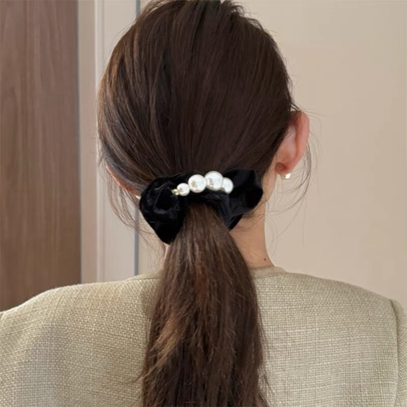 Korean-style bun, velvet beaded hair tie, retro gold style, low ponytail tie, elegant hair tie headwear details Picture